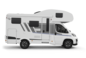 Carado camper met alkoof, zijaanzicht met toegangsdeur, ramen en opbergklep