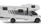 Carado camper, zijaanzicht van een alkoofmodel in wit met deur, ramen en grijze graphics