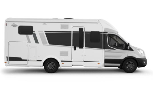 Camping-car Carado, vue de côté d’un camping-car profilé sur fond blanc