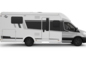 Carado motorhome in side view, white and grey semi-integrated vehicle shown on a cut-out background