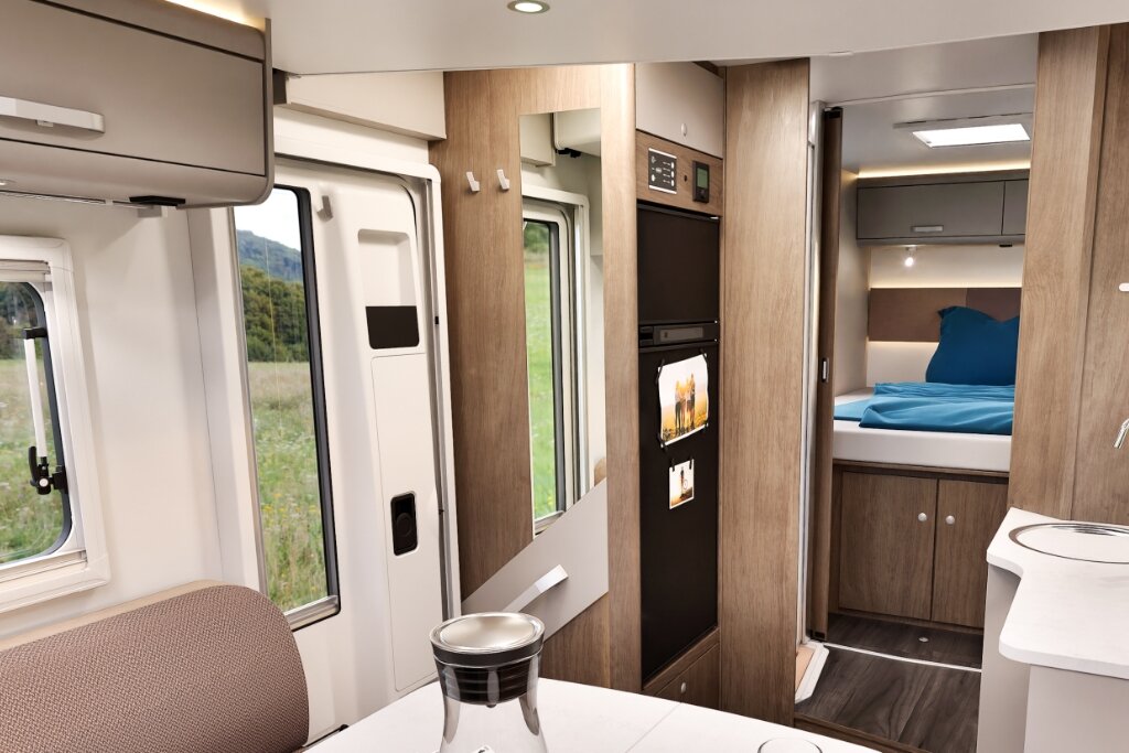 Carado motorhome interior with entry area, refrigerator, kitchen and rear bed in a wood-look finish
