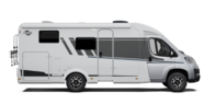 Carado motorhome in side view, white semi-integrated vehicle with door, windows and awning, isolated on a white background