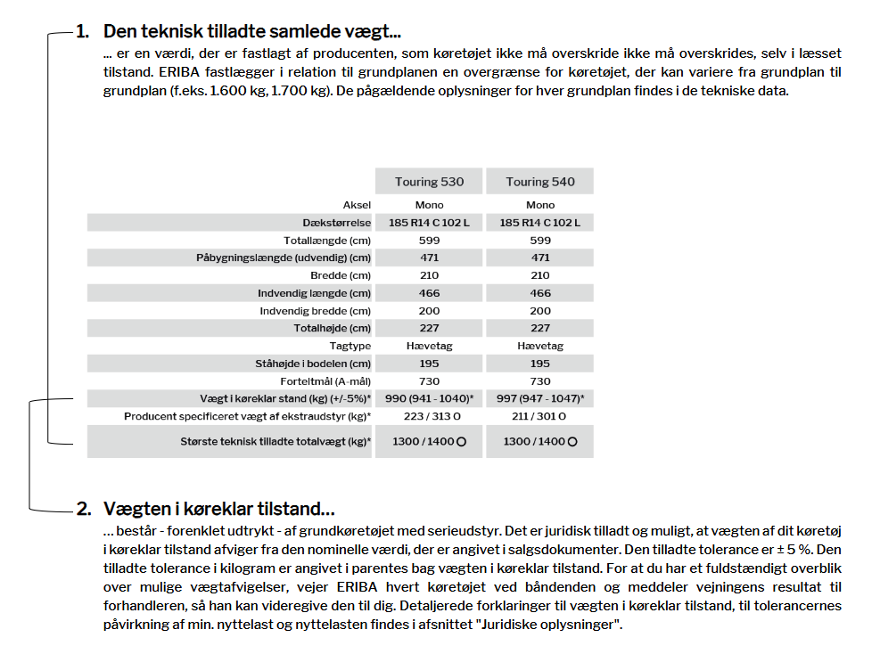 Forklarende noter om den største teknisk tilladte samlede vægt og vægt i køreklar stand.