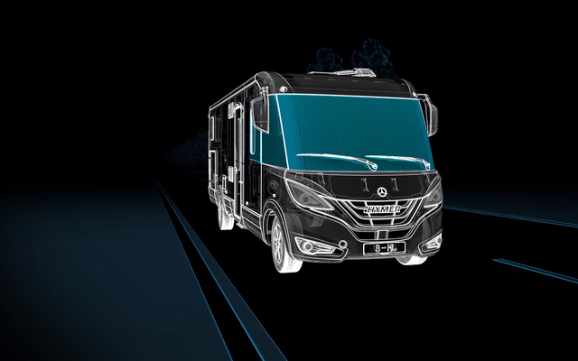 HYMER-camper in 3D-/vizierlook met geaccentueerde ultrapanoramische voorruit