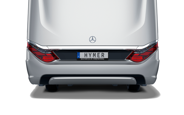 Opvallende achterzijde HYMER-camper op Mercedes-chassis