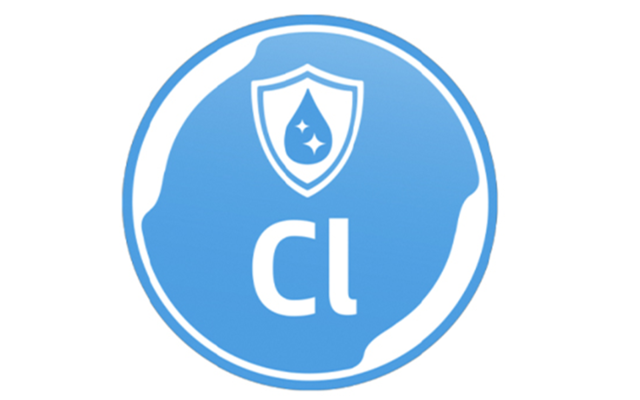 Blå-hvidt symbol med dråber og tekst står for fjernelsen af klor og lugte med HYMER clearliQ travel vandfilter i autocamperen.