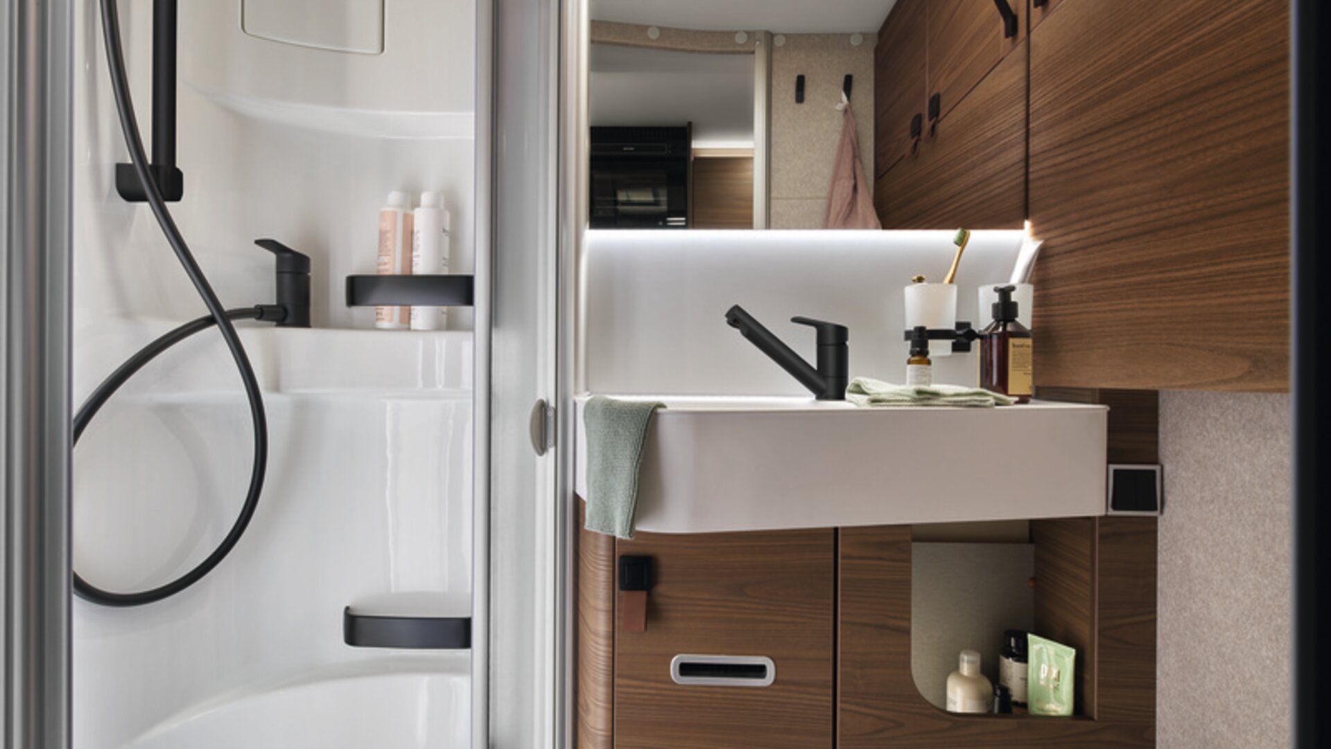 The matt black fittings in the bathroom make showering in the morning an even more pleasurable experience.
