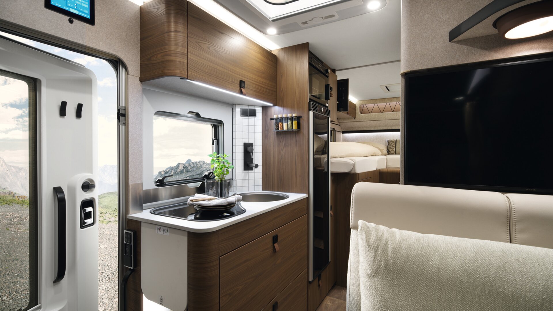 The illuminated panel on the end of the unit beautifully highlights the kitchen.