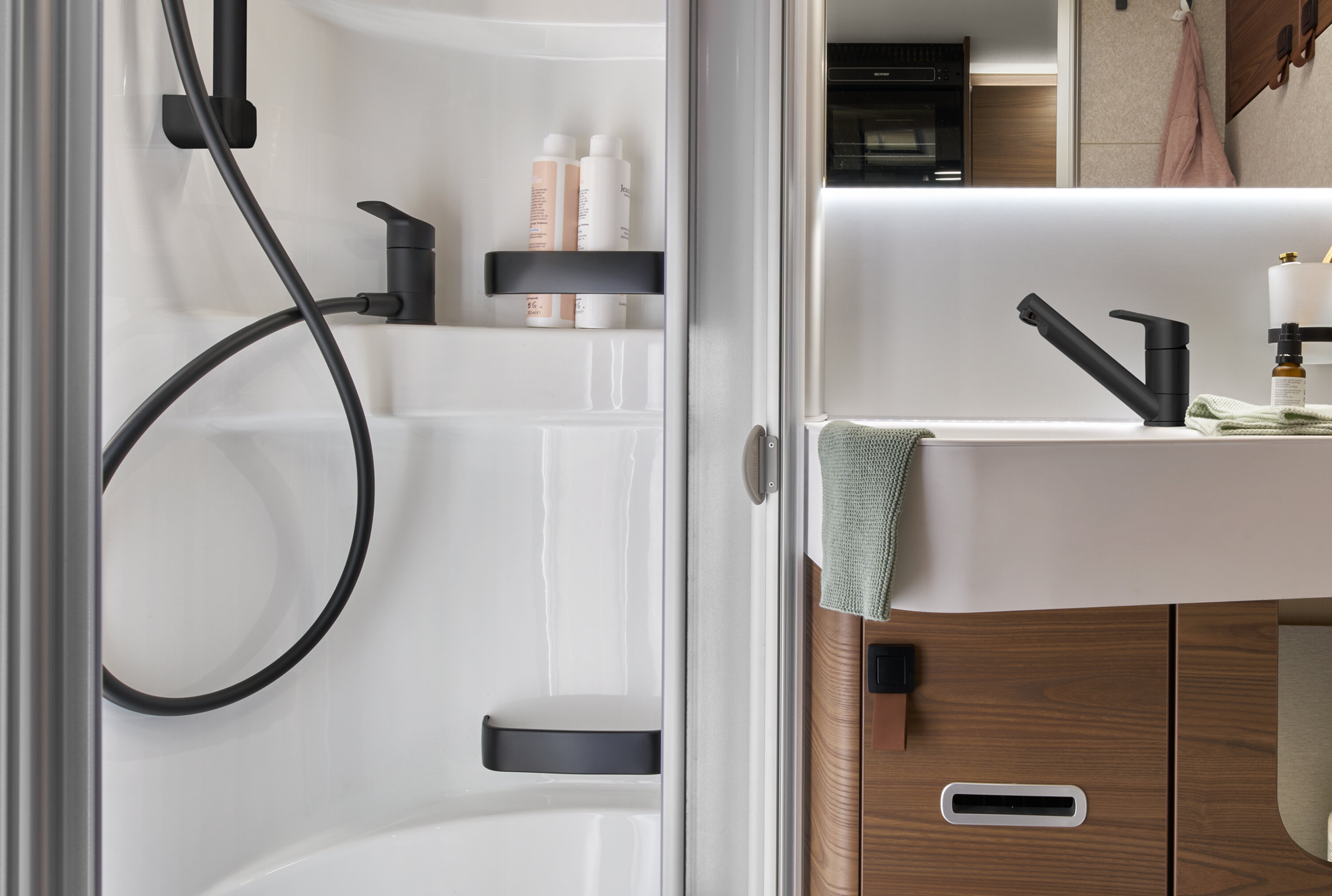 Lots of storage space keeps everything neat any tidy when showering.