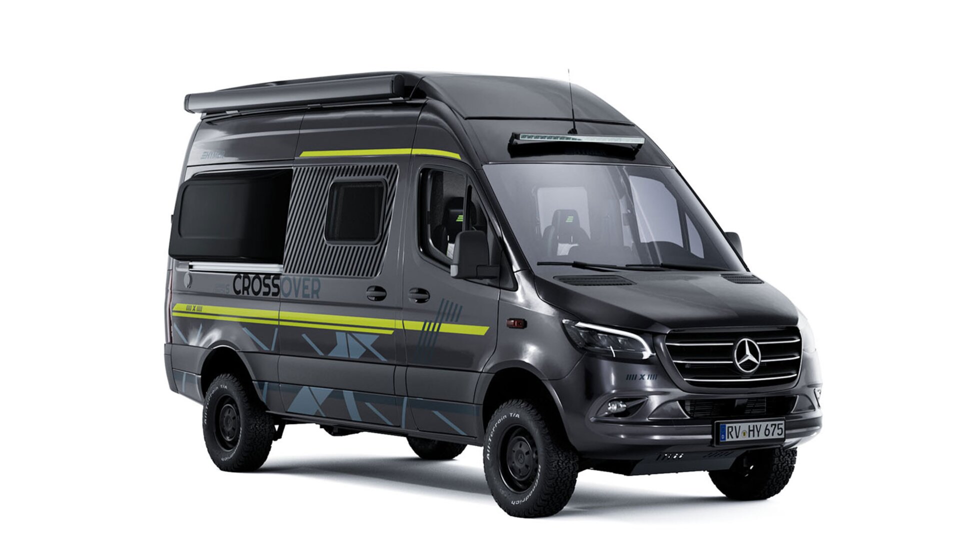 Oblique side view of a dark camper van with neon green side decals, dark tires with black rims, and a black awning, a LED light bar is mounted above the windshield
