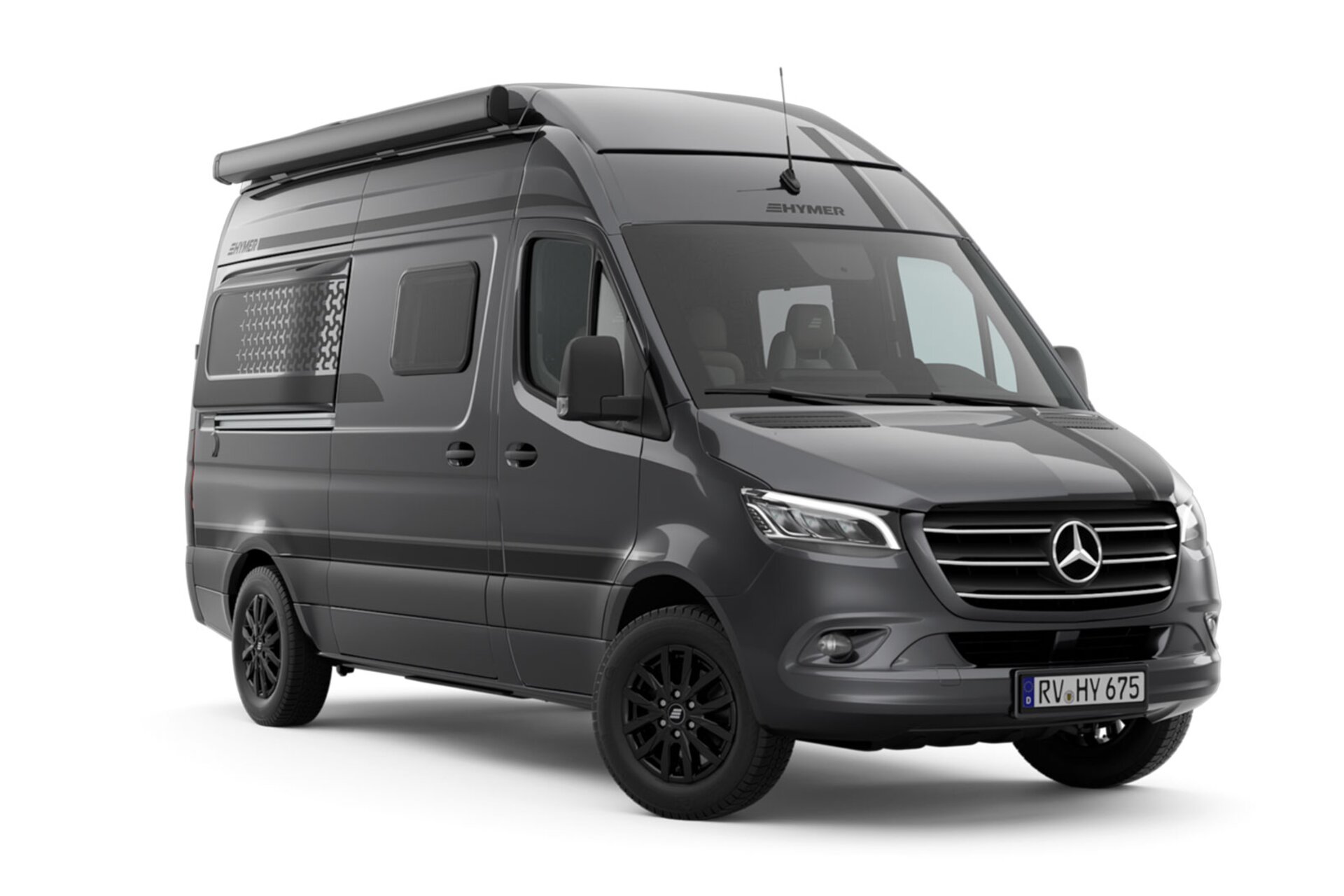 Cut-out of a dark grey campervan, viewed from the front angle on the passenger side of the vehicle.