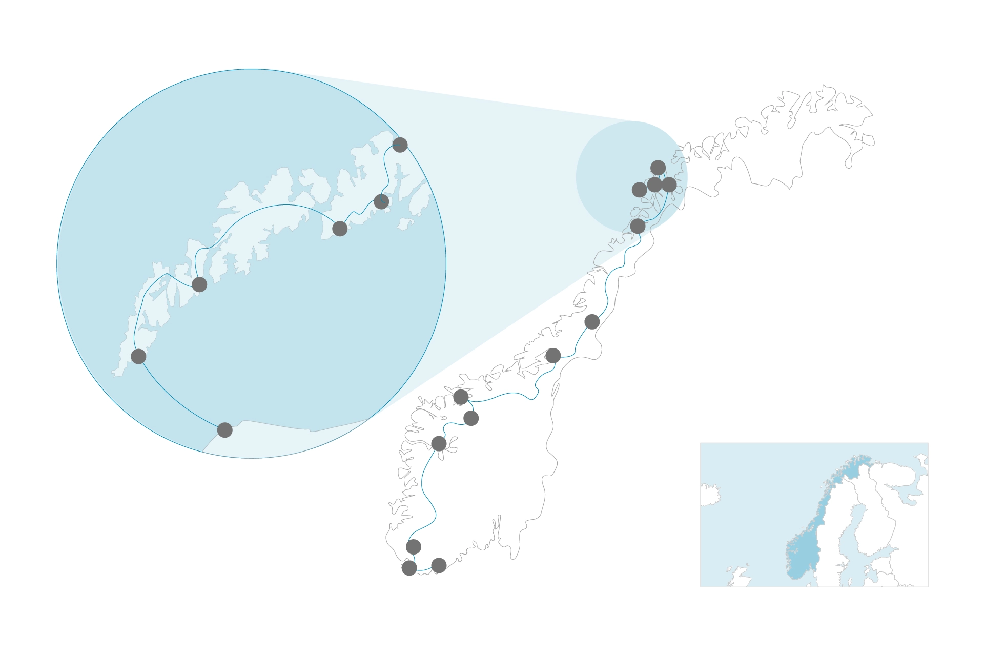 Reseskiss, som visar en resväg i Norge med punkter och anslutande linjer